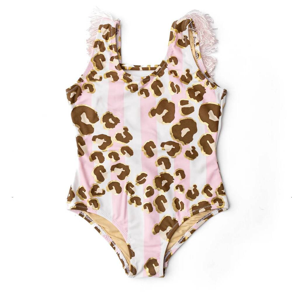 NEW SHADE CRITTERS kids' one piece fringe back swimsuit in metallic leopard